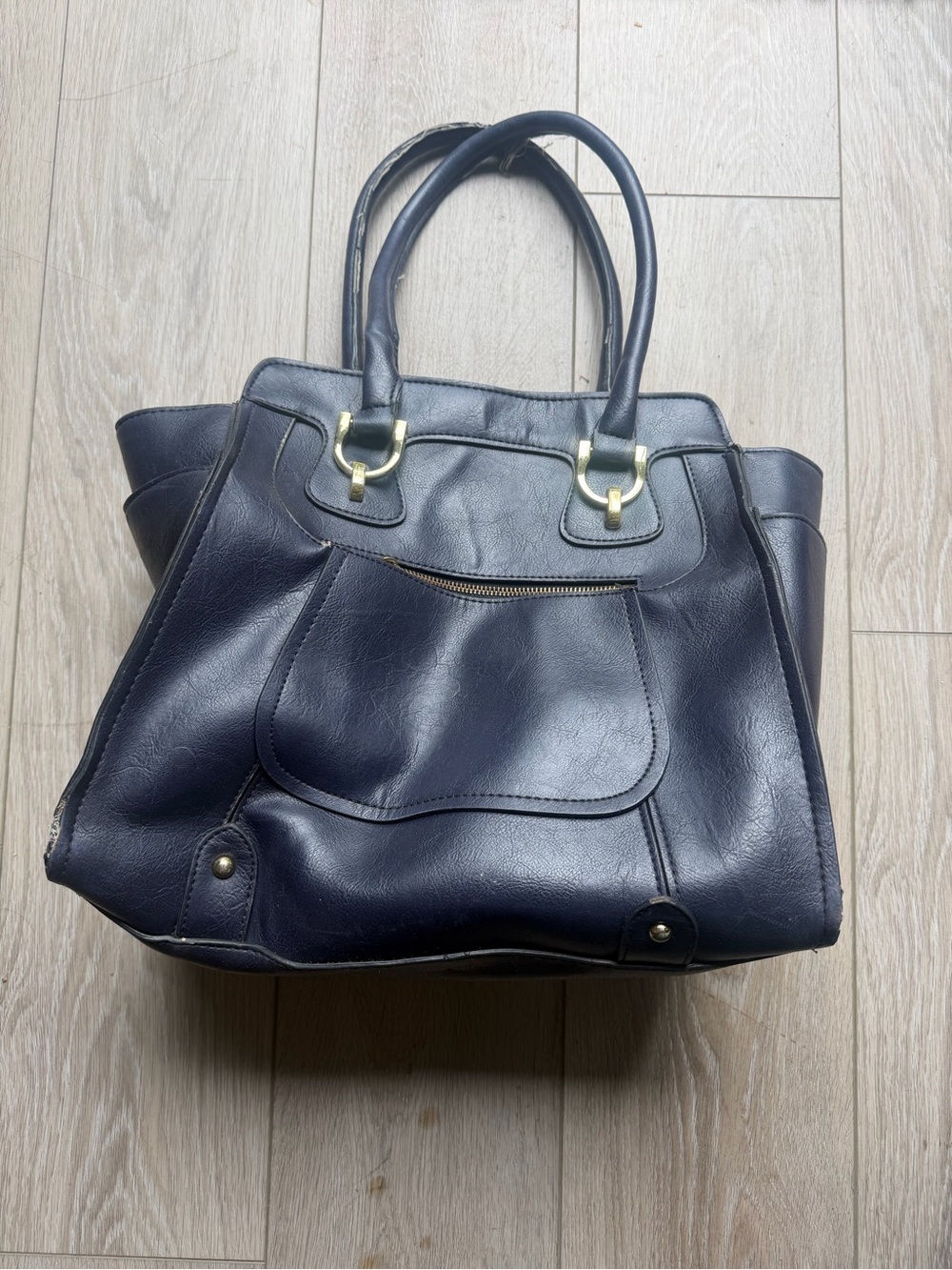 London Fog Navy Faux Leather Shoulder Tote with Gold-Tone Accents
